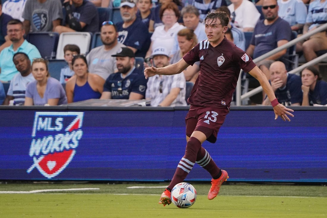 Jun 23, 2021; Kansas City, Kansas, USA; Colorado Rapids defender Sam Vines (13) controls the ball during the match against Sporting Kansas City at Children's Mercy Park. Mandatory Credit: Denny Medley-USA TODAY Sports