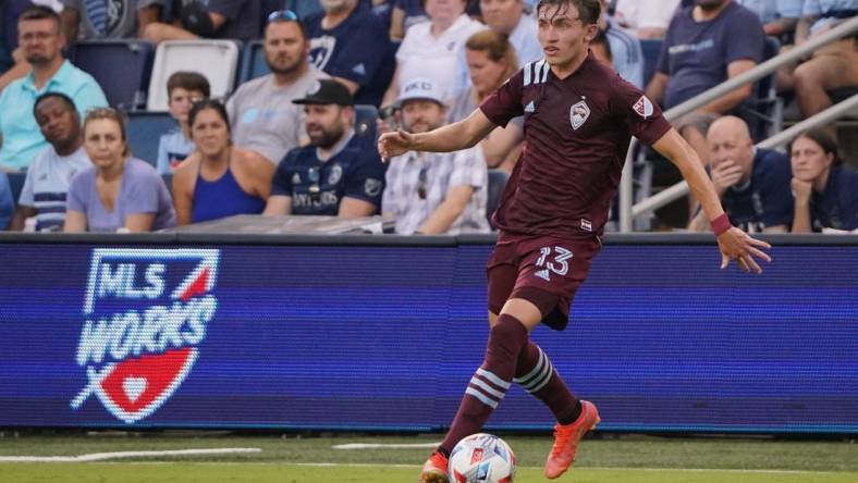 Jun 23, 2021; Kansas City, Kansas, USA; Colorado Rapids defender Sam Vines (13) controls the ball during the match against Sporting Kansas City at Children's Mercy Park. Mandatory Credit: Denny Medley-USA TODAY Sports