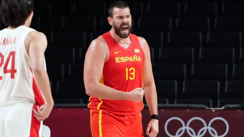 Jul 26, 2021; Saitama, Japan; Team Spain centre Marc Gasol (13) reacts after a play against Japan during the third quarter in men's basketball Group C play during the Tokyo 2020 Olympic Summer Games at Saitama Super Arena. Mandatory Credit: Kyle Terada-USA TODAY Sports