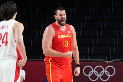 Jul 26, 2021; Saitama, Japan; Team Spain centre Marc Gasol (13) reacts after a play against Japan during the third quarter in men's basketball Group C play during the Tokyo 2020 Olympic Summer Games at Saitama Super Arena. Mandatory Credit: Kyle Terada-USA TODAY Sports