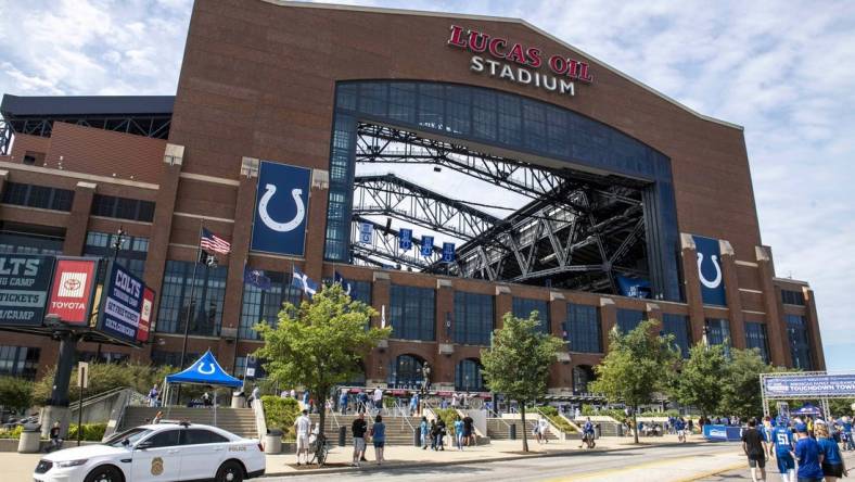 Aug 15, 2021; Indianapolis, Indiana, USA; A general view of the exterior of Lucas Oil Stadium before the game between the Carolina Panthers and Indianapolis Colts. Mandatory Credit: Marc Lebryk-USA TODAY Sports