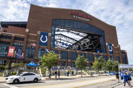 Aug 15, 2021; Indianapolis, Indiana, USA; A general view of the exterior of Lucas Oil Stadium before the game between the Carolina Panthers and Indianapolis Colts. Mandatory Credit: Marc Lebryk-USA TODAY Sports