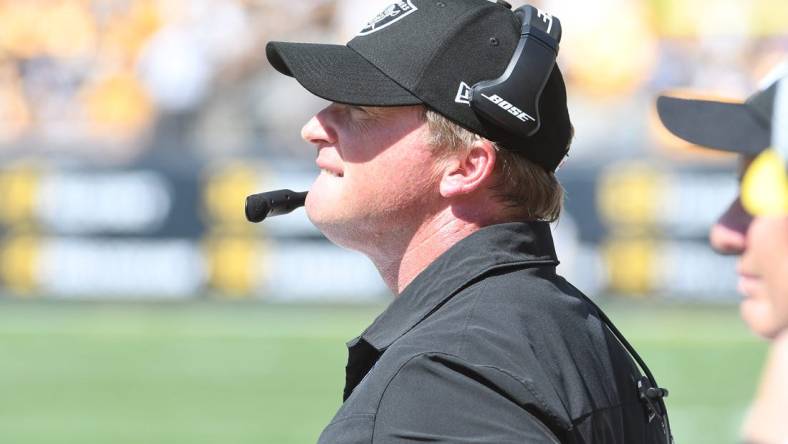 Sep 19, 2021; Pittsburgh, Pennsylvania, USA; Las Vegas Raiders head coach Jon Gruden watches the first quarter against the Pittsburgh Steelers at Heinz Field. Mandatory Credit: Philip G. Pavely-USA TODAY Sports