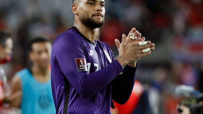 United States' goalkeeper Zack Steffen (13) celebrates a 2-1 win over Costa Rica in their World Cup qualifier at Lower.com Field in Columbus, Ohio on October 13, 2021.

Ceb Usa Soccer Kwr 44