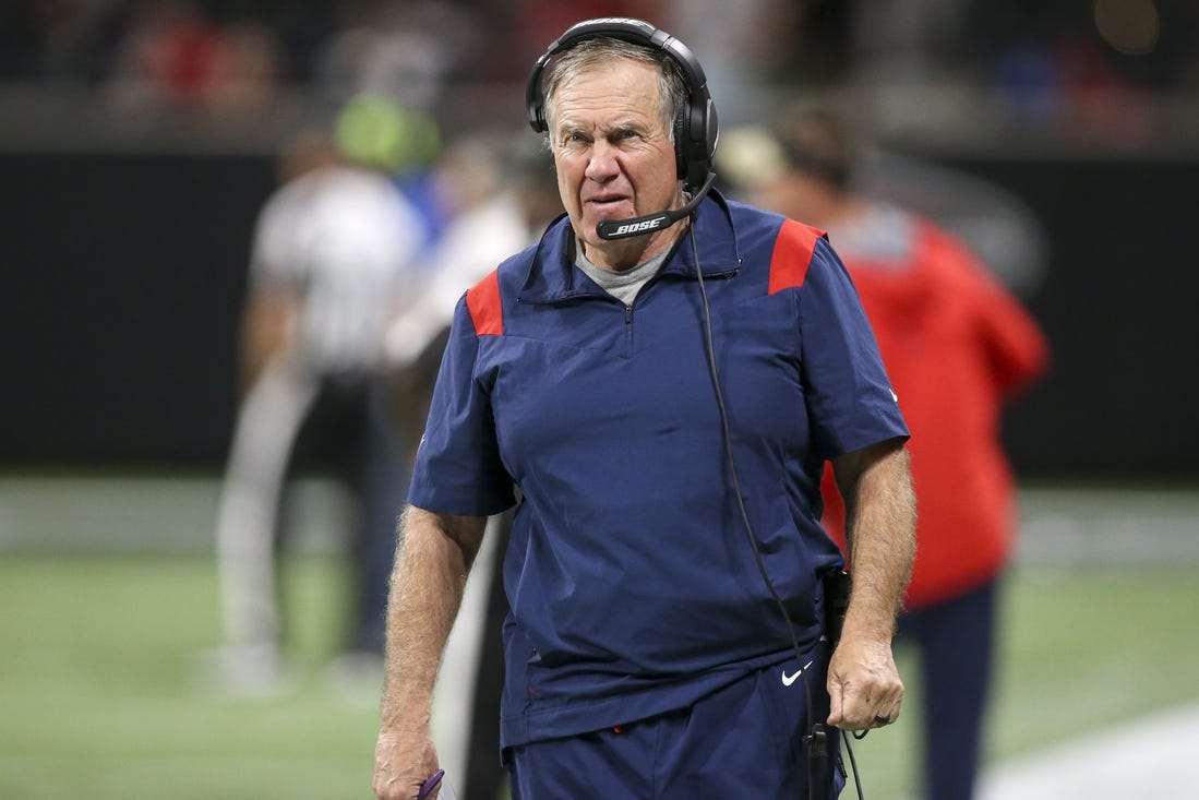 Nov 18, 2021; Atlanta, Georgia, USA; New England Patriots head coach Bill Belichick on the sideline against the Atlanta Falcons in the second half at Mercedes-Benz Stadium. Mandatory Credit: Brett Davis-USA TODAY Sports