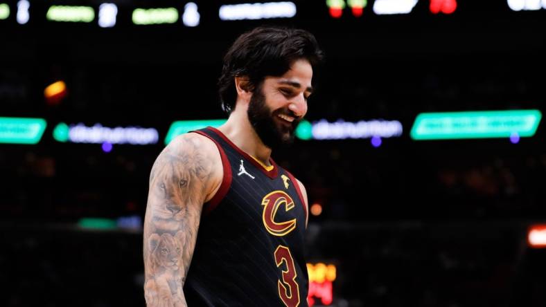 Dec 1, 2021; Miami, Florida, USA; Cleveland Cavaliers guard Ricky Rubio (3) reacts in the fourth quarter of the game against the Miami Heat at FTX Arena. Mandatory Credit: Sam Navarro-USA TODAY Sports