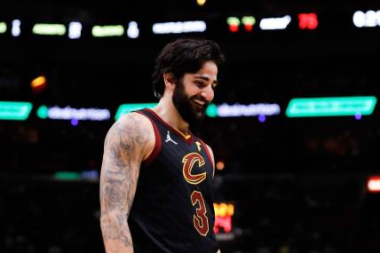 Dec 1, 2021; Miami, Florida, USA; Cleveland Cavaliers guard Ricky Rubio (3) reacts in the fourth quarter of the game against the Miami Heat at FTX Arena. Mandatory Credit: Sam Navarro-USA TODAY Sports