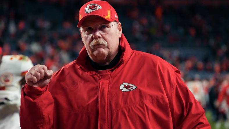 Jan 8, 2022; Denver, Colorado, USA; Kansas City Chiefs head coach Andy Reid reacts after the game against the Denver Broncos at Empower Field at Mile High. Mandatory Credit: Ron Chenoy-USA TODAY Sports