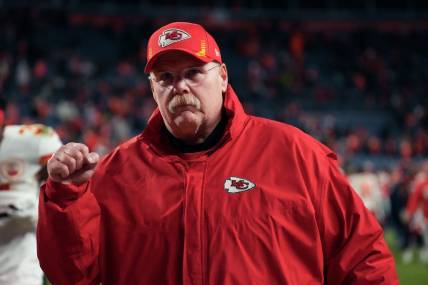 Jan 8, 2022; Denver, Colorado, USA; Kansas City Chiefs head coach Andy Reid reacts after the game against the Denver Broncos at Empower Field at Mile High. Mandatory Credit: Ron Chenoy-USA TODAY Sports