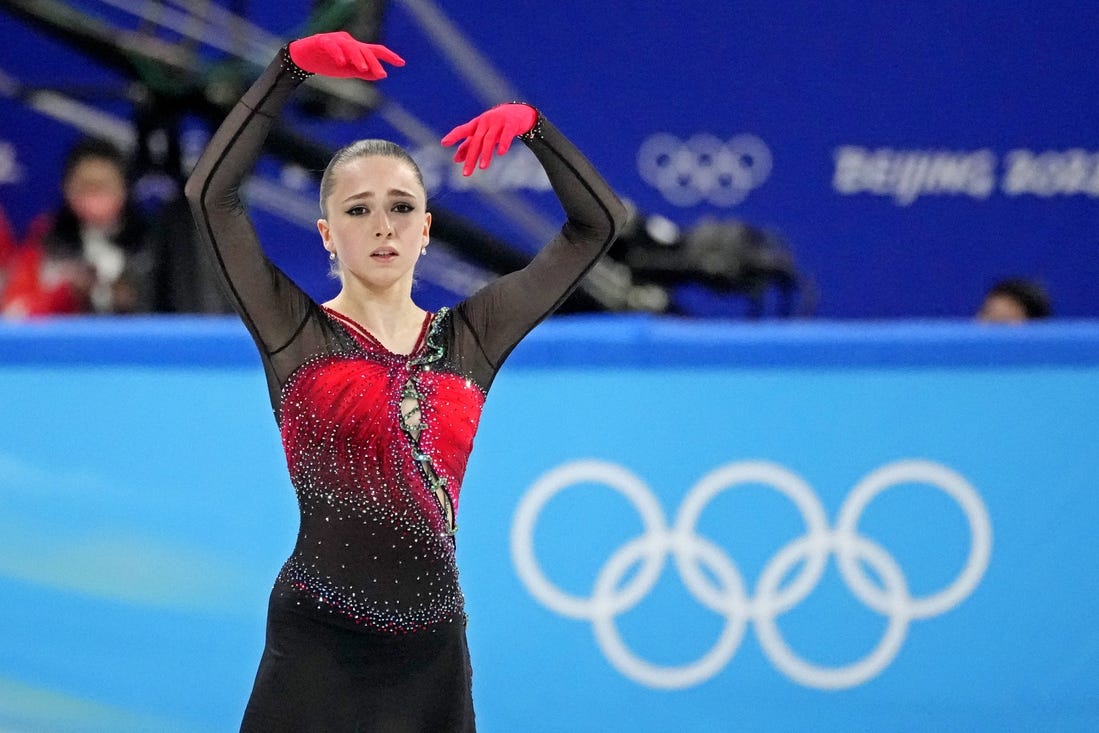 Feb 17, 2022; Beijing, China; Kamila Valieva (ROC) during the Beijing 2022 Olympic Winter Games at Capital Indoor Stadium. Mandatory Credit: Robert Deutsch-USA TODAY Sports