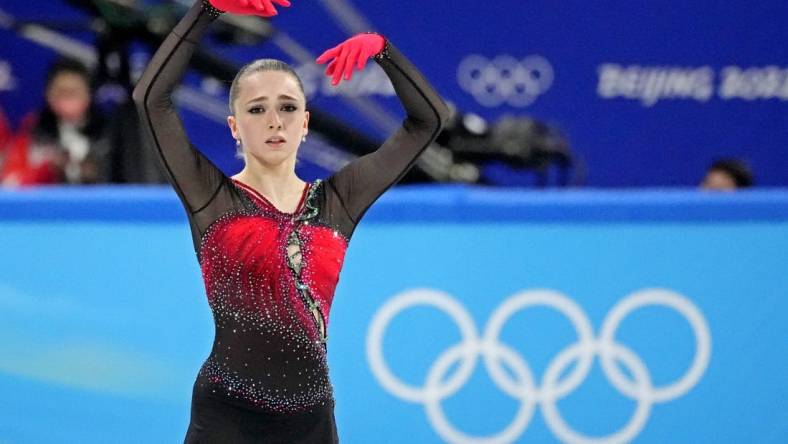 Feb 17, 2022; Beijing, China; Kamila Valieva (ROC) during the Beijing 2022 Olympic Winter Games at Capital Indoor Stadium. Mandatory Credit: Robert Deutsch-USA TODAY Sports