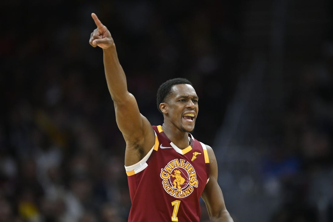 Apr 15, 2022; Cleveland, Ohio, USA; Cleveland Cavaliers guard Rajon Rondo (1) runs the offense in the fourth quarter against the Atlanta Hawks at Rocket Mortgage FieldHouse. Mandatory Credit: David Richard-USA TODAY Sports