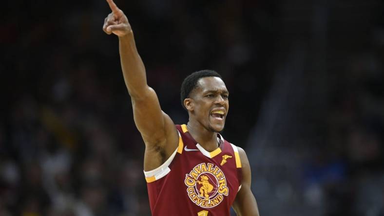 Apr 15, 2022; Cleveland, Ohio, USA; Cleveland Cavaliers guard Rajon Rondo (1) runs the offense in the fourth quarter against the Atlanta Hawks at Rocket Mortgage FieldHouse. Mandatory Credit: David Richard-USA TODAY Sports