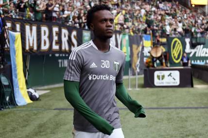 May 22, 2022; Portland, Oregon, USA; Portland Timbers midfielder Santiago Moreno (30) walks on to the field for warm ups before the match against the Philadelphia Union at Providence Park. Mandatory Credit: Soobum Im-USA TODAY Sports