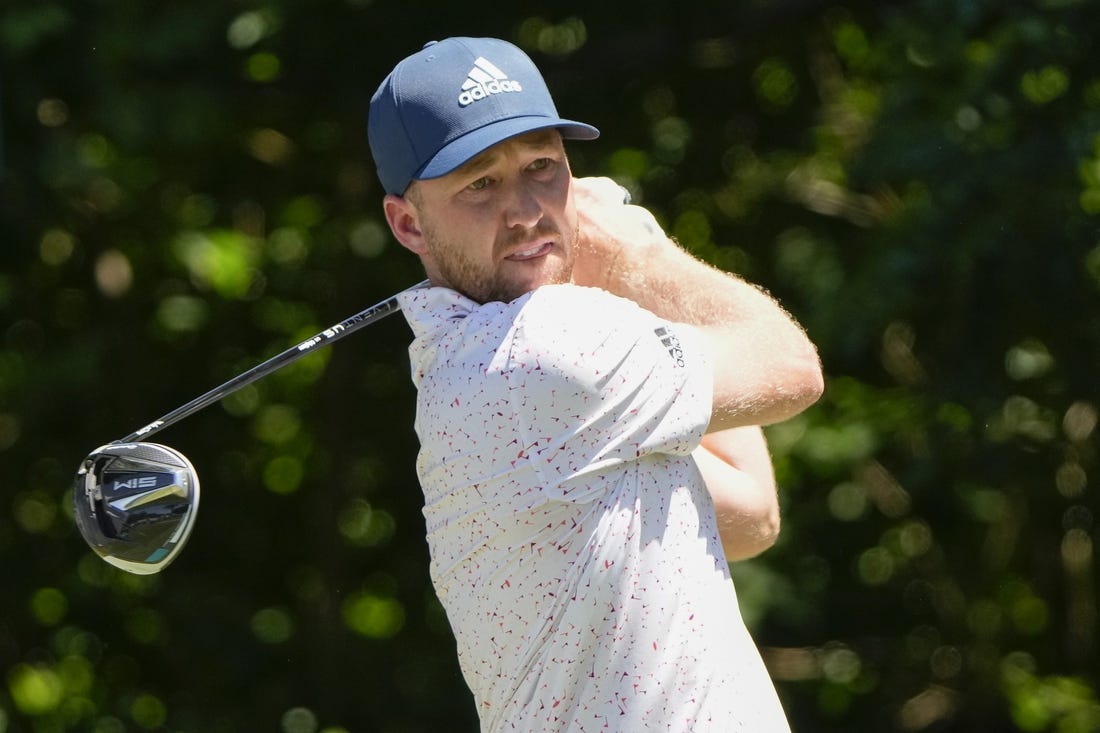 May 27, 2022; Fort Worth, Texas, USA; Daniel Berger plays his shot from the sixth tee during the second round of the Charles Schwab Challenge golf tournament. Mandatory Credit: Jim Cowsert-USA TODAY Sports