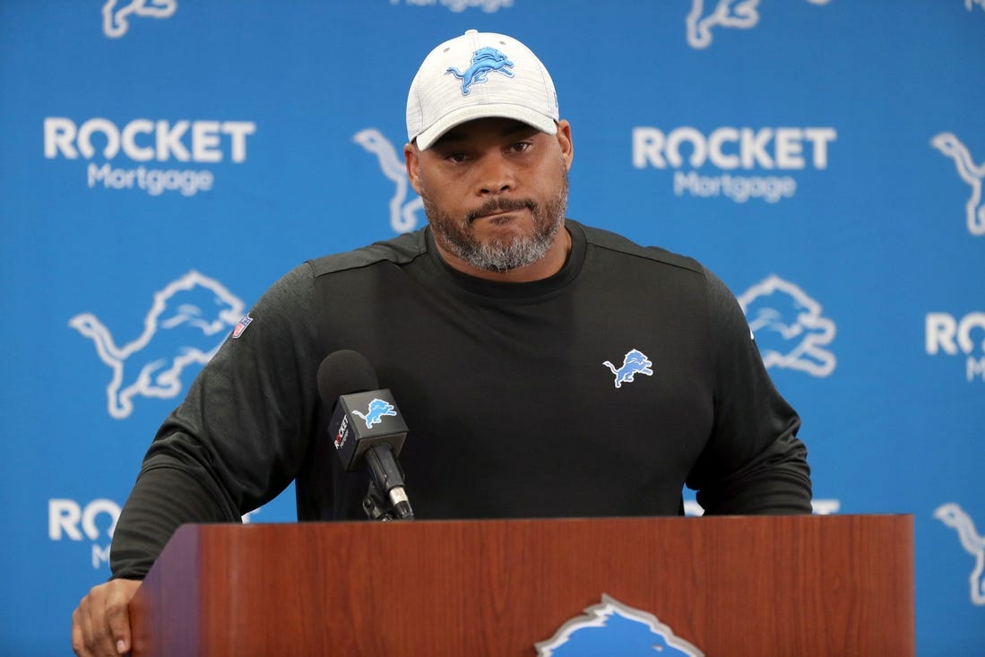 Lions running backs coach Duce Staley talks with reporters before OTAs on Thursday, June 2, 2022, in Allen Park.

Lions