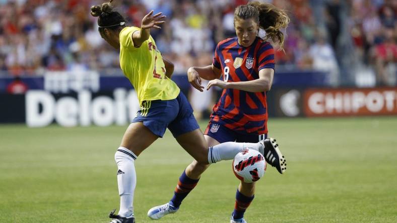 Jun 28, 2022; Sandy, Utah, USA; Columbia forward Elexa Bahr (23) and USA defender Sofia Huerta (8) battle in the first half during an international friendly soccer match at Rio Tinto Stadium. Mandatory Credit: Jeffrey Swinger-USA TODAY Sports