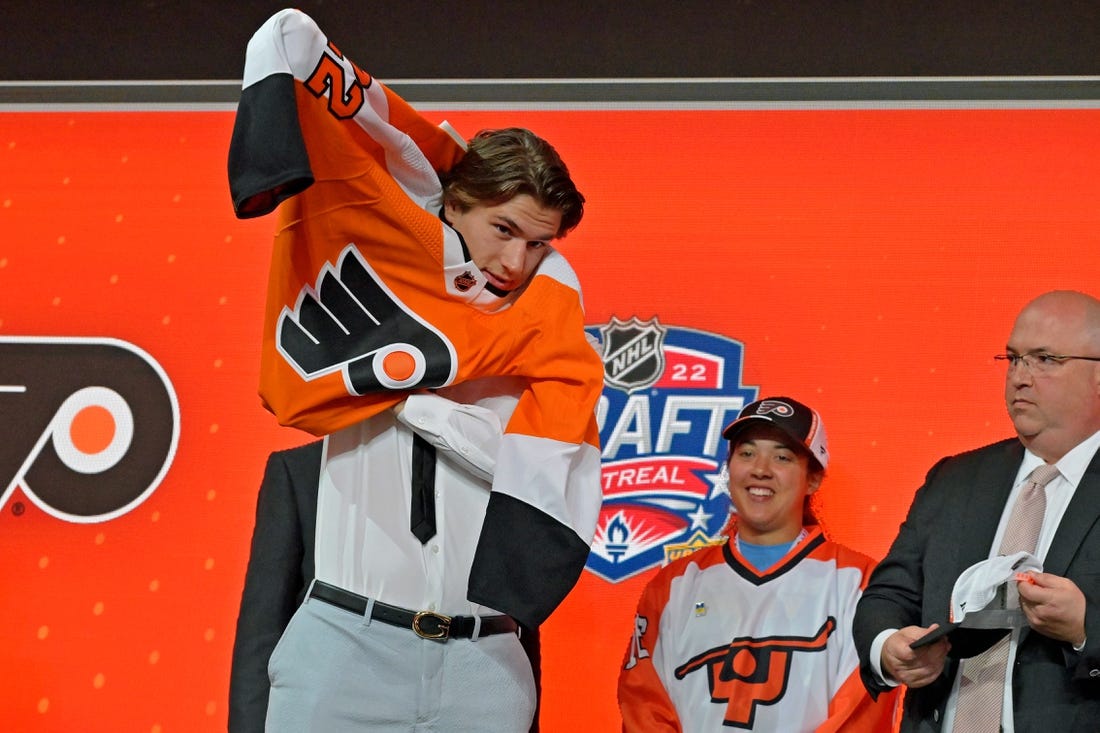 Jul 7, 2022; Montreal, Quebec, CANADA; Cutter Gauthier after being selected as the number five overall pick to the Philadelphia Flyers in the first round of the 2022 NHL Draft at Bell Centre. Mandatory Credit: Eric Bolte-USA TODAY Sports