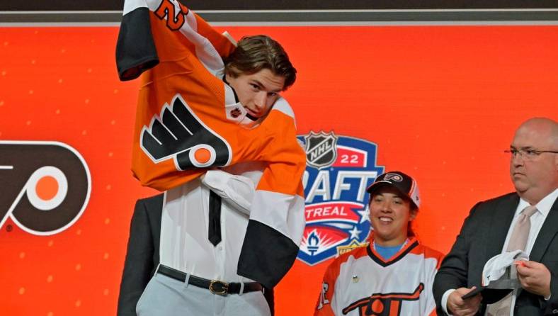 Jul 7, 2022; Montreal, Quebec, CANADA; Cutter Gauthier after being selected as the number five overall pick to the Philadelphia Flyers in the first round of the 2022 NHL Draft at Bell Centre. Mandatory Credit: Eric Bolte-USA TODAY Sports