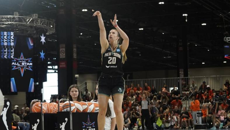 Jul 9, 2022; Chicago, Ill, USA; Sabrina Ionescu competes during the 2022 WNBA All-Star Game skills competition at Wintrust Arena. Mandatory Credit: David Banks-USA TODAY Sports