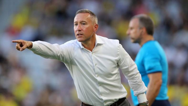 Jul 23, 2022; Columbus, Ohio, USA; Columbus Crew head coach Caleb Porter reacts during the game against New England Revolution during the first half at Lower.com Field. Mandatory Credit: Joseph Maiorana-USA TODAY Sports