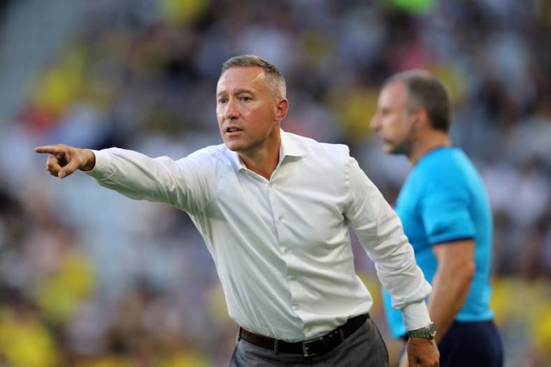 Jul 23, 2022; Columbus, Ohio, USA; Columbus Crew head coach Caleb Porter reacts during the game against New England Revolution during the first half at Lower.com Field. Mandatory Credit: Joseph Maiorana-USA TODAY Sports