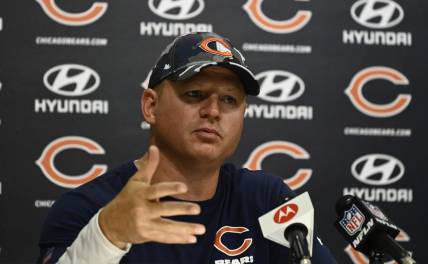 Jul 28, 2022; Lake Forest, IL, USA;  Chicago Bears offensive coordinator Luke Getsy talks with the media during training camp at PNC Center at Halas Hall. Mandatory Credit: Matt Marton-USA TODAY Sports