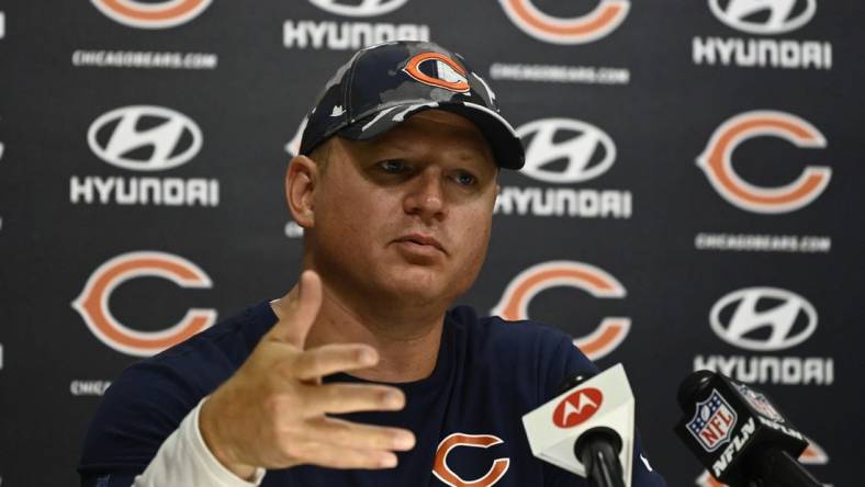 Jul 28, 2022; Lake Forest, IL, USA;  Chicago Bears offensive coordinator Luke Getsy talks with the media during training camp at PNC Center at Halas Hall. Mandatory Credit: Matt Marton-USA TODAY Sports