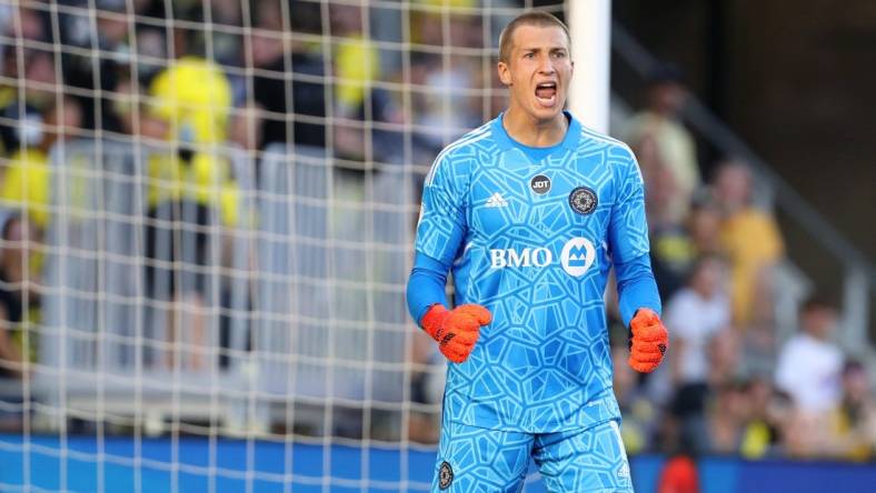 Aug 3, 2022; Columbus, Ohio, USA;  CF Montreal goalkeeper Sebastian Breza (1) reacts after a save during the first half against the Columbus Crew at Lower.com Field. Mandatory Credit: Joseph Maiorana-USA TODAY Sports