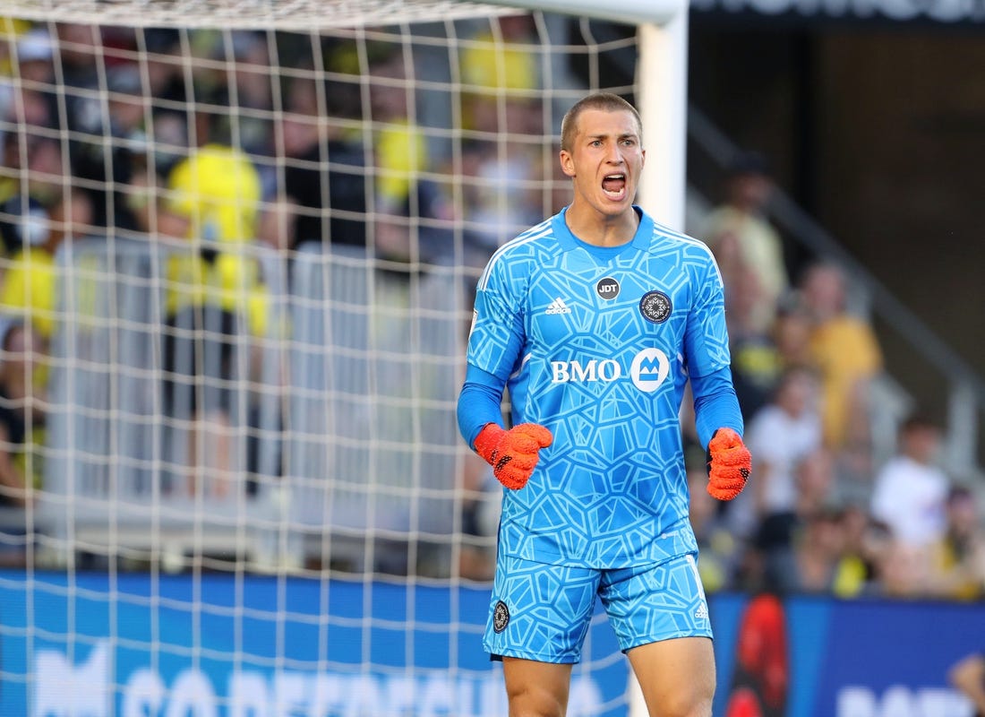 Aug 3, 2022; Columbus, Ohio, USA;  CF Montreal goalkeeper Sebastian Breza (1) reacts after a save during the first half against the Columbus Crew at Lower.com Field. Mandatory Credit: Joseph Maiorana-USA TODAY Sports