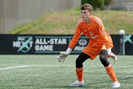 Aug 10, 2022; Blaine, MN, USA; MLS Next West player Adam Beaudry (1) of Colorado Rapids watches play against MLS Next East during the second half of the 2022 MLS NEXT All-Star Game at National Sports Center Indoor Sports Hall. Mandatory Credit: Kirby Lee-USA TODAY Sports