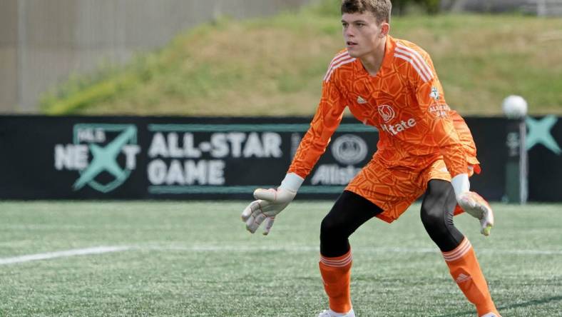 Aug 10, 2022; Blaine, MN, USA; MLS Next West player Adam Beaudry (1) of Colorado Rapids watches play against MLS Next East during the second half of the 2022 MLS NEXT All-Star Game at National Sports Center Indoor Sports Hall. Mandatory Credit: Kirby Lee-USA TODAY Sports