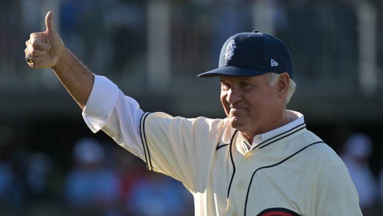 Aug 11, 2022; Dyersville, Iowa, USA; Chicago Cubs former player Ryne Sandberg in attendance before the game against the Cincinnati Reds at Field of Dreams. Mandatory Credit: Jeffrey Becker-USA TODAY Sports