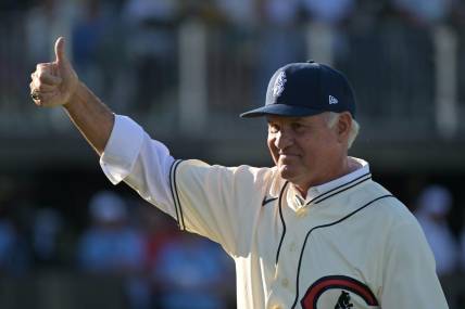 Aug 11, 2022; Dyersville, Iowa, USA; Chicago Cubs former player Ryne Sandberg in attendance before the game against the Cincinnati Reds at Field of Dreams. Mandatory Credit: Jeffrey Becker-USA TODAY Sports