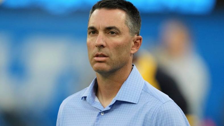 Aug 13, 2022; Inglewood, California, USA; Los Angeles Chargers general manager Tom Telesco watches during the game against the Los Angeles Rams at SoFi Stadium. Mandatory Credit: Kirby Lee-USA TODAY Sports