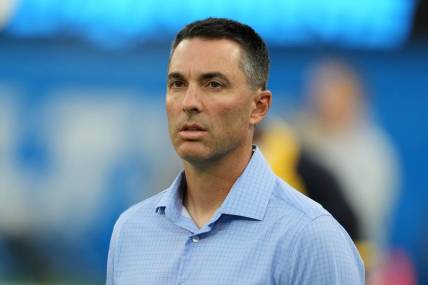 Aug 13, 2022; Inglewood, California, USA; Los Angeles Chargers general manager Tom Telesco watches during the game against the Los Angeles Rams at SoFi Stadium. Mandatory Credit: Kirby Lee-USA TODAY Sports