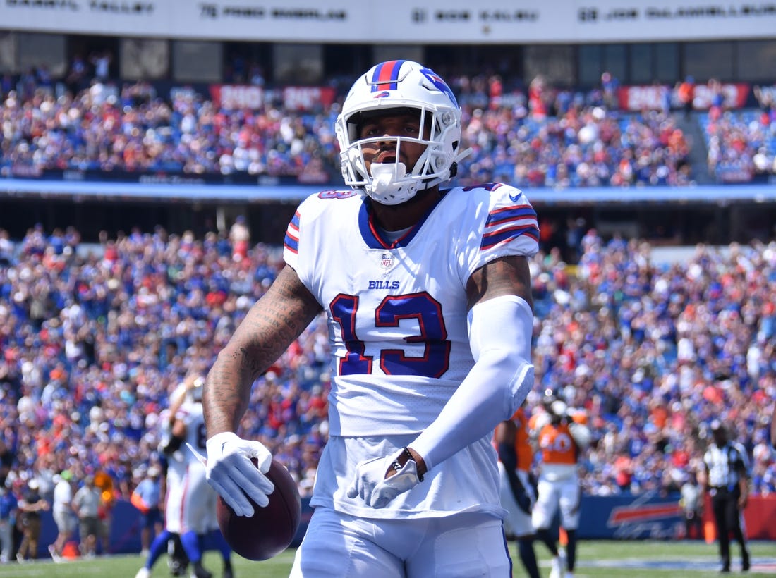 Aug 20, 2022; Orchard Park, New York, USA; Buffalo Bills wide receiver Gabriel Davis (13) celebrates scoring a touchdown in the first quarter of a pre-season game against the Denver Broncos at Highmark Stadium. Mandatory Credit: Mark Konezny-USA TODAY Sports