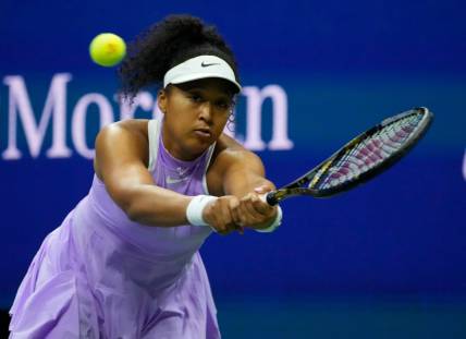 Aug 30, 2022; Flushing, NY, USA;    Naomi
Osaka of Japan hits to Danielle Collins of the USA on day two of the 2022 U.S. Open tennis tournament at USTA Billie Jean King National Tennis Center. Mandatory Credit: Robert Deutsch-USA TODAY Sports