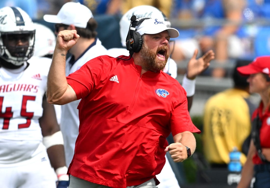 South Alabama Jaguars head coach Kane Wommack celebrates after a score against the UCLA Bruins in the second half at the Rose Bowl. Mandatory Credit: Jayne Kamin-Oncea-USA TODAY Sports