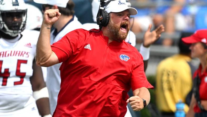 South Alabama Jaguars head coach Kane Wommack celebrates after a score against the UCLA Bruins in the second half at the Rose Bowl. Mandatory Credit: Jayne Kamin-Oncea-USA TODAY Sports