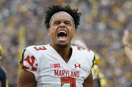 Sep 24, 2022; Ann Arbor, Michigan, USA; Maryland Terrapins quarterback Taulia Tagovailoa (3) celebrates in the first half against the Michigan Wolverines at Michigan Stadium. Mandatory Credit: Rick Osentoski-USA TODAY Sports