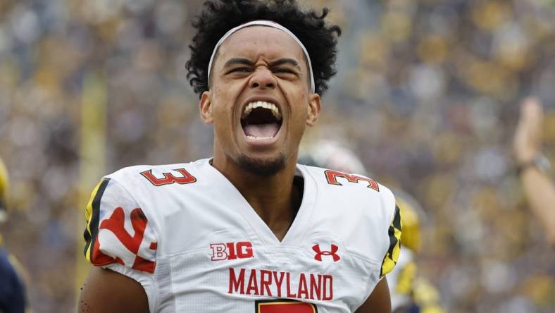 Sep 24, 2022; Ann Arbor, Michigan, USA; Maryland Terrapins quarterback Taulia Tagovailoa (3) celebrates in the first half against the Michigan Wolverines at Michigan Stadium. Mandatory Credit: Rick Osentoski-USA TODAY Sports