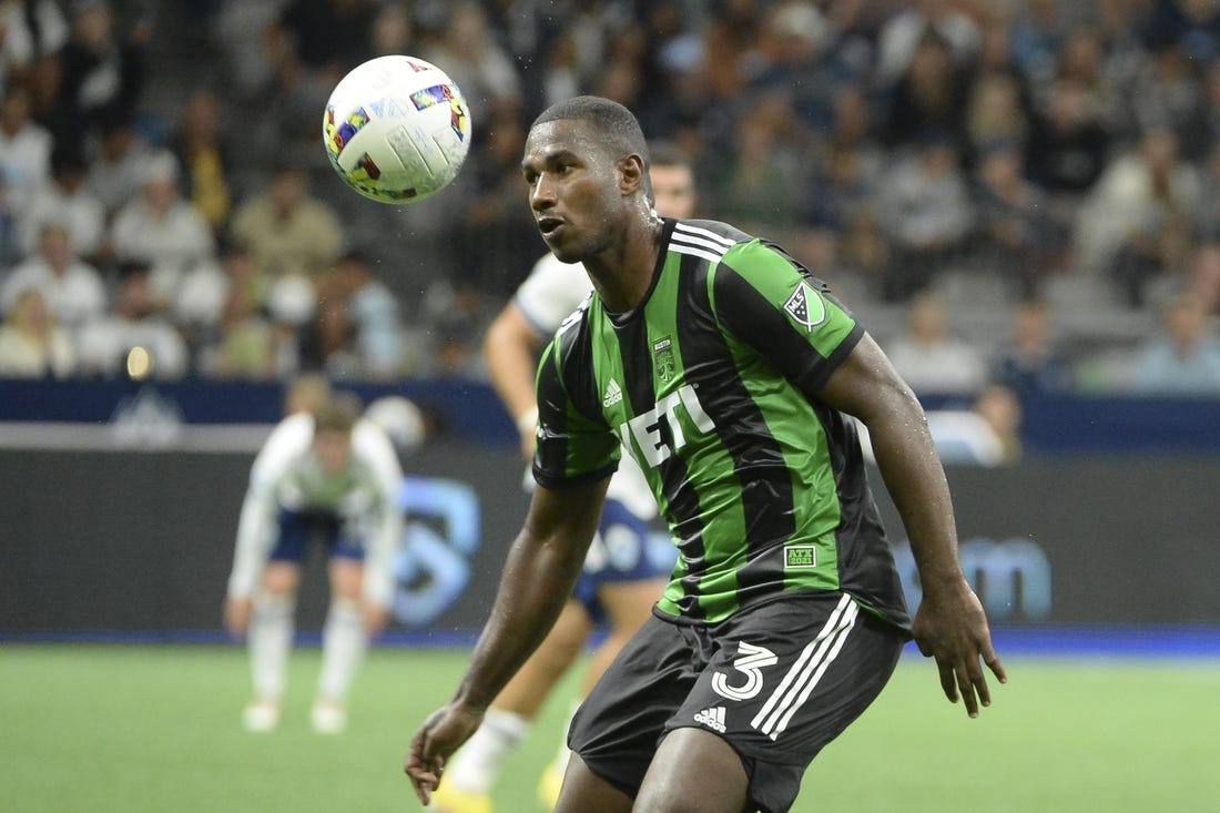 Oct 1, 2022; Vancouver, British Columbia, CAN;  Austin FC defender Jhohan Romana (3) heads the ball during the second half against the Vancouver Whitecaps FC at BC Place. Mandatory Credit: Anne-Marie Sorvin-USA TODAY Sports