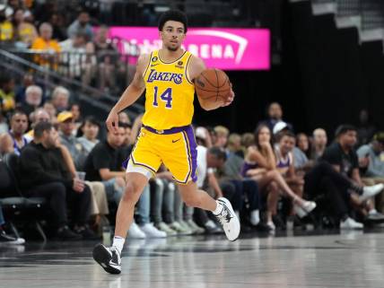 Oct 6, 2022; Las Vegas, Nevada, USA; Los Angeles Lakers guard Scotty Pippen Jr. (14) dribbles against the Minnesota Timberwolves during a preseason game at T-Mobile Arena. Mandatory Credit: Stephen R. Sylvanie-USA TODAY Sports