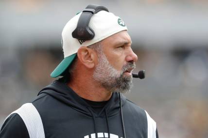 Oct 2, 2022; Pittsburgh, Pennsylvania, USA;  New York Jets defensive coordinator Jeff Ulbrich on the sidelines against the Pittsburgh Steelers during the second quarter at Acrisure Stadium. Mandatory Credit: Charles LeClaire-USA TODAY Sports
