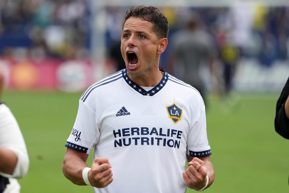 Oct 15, 2022; Carson, California, USA;  LA Galaxy forward Chicharito aka Javier Hernandez (14) celebrates after the game against the Nashville SC at Dignity Health Sports Park. Mandatory Credit: Kirby Lee-USA TODAY Sports