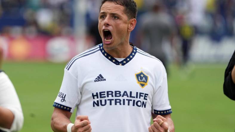 Oct 15, 2022; Carson, California, USA;  LA Galaxy forward Chicharito aka Javier Hernandez (14) celebrates after the game against the Nashville SC at Dignity Health Sports Park. Mandatory Credit: Kirby Lee-USA TODAY Sports