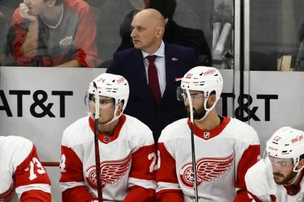 Oct 21, 2022; Chicago, Illinois, USA; Detroit Red Wings head coach Derek Lalonde looks on from the bench during the second period against the Chicago Blackhawks at United Center. Mandatory Credit: Matt Marton-USA TODAY Sports