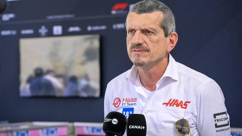 Oct 22, 2022; Austin, Texas, USA; Haas Formula One Team engineer Guenther Steiner is interviewed before practice for the U.S. Grand Prix at Circuit of the Americas. Mandatory Credit: Jerome Miron-USA TODAY Sports