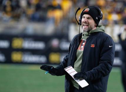 Nov 20, 2022; Pittsburgh, Pennsylvania, USA;  Cincinnati Bengals quarterbacks coach Dan Pitcher gestures on the sidelines against the Pittsburgh Steelers during the second quarter at Acrisure Stadium. Mandatory Credit: Charles LeClaire-USA TODAY Sports